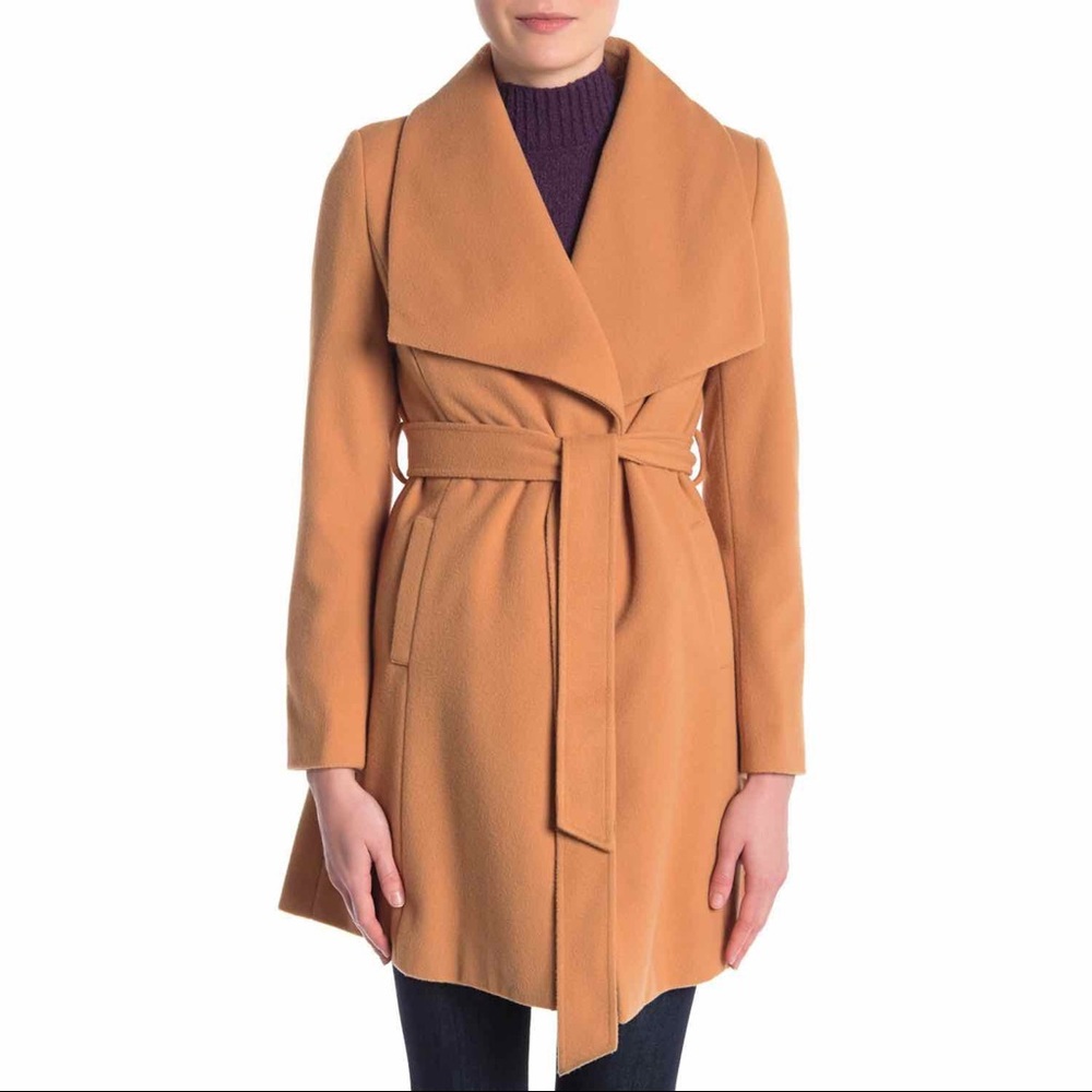 Camel Tie Waist Foldover Collar Coat